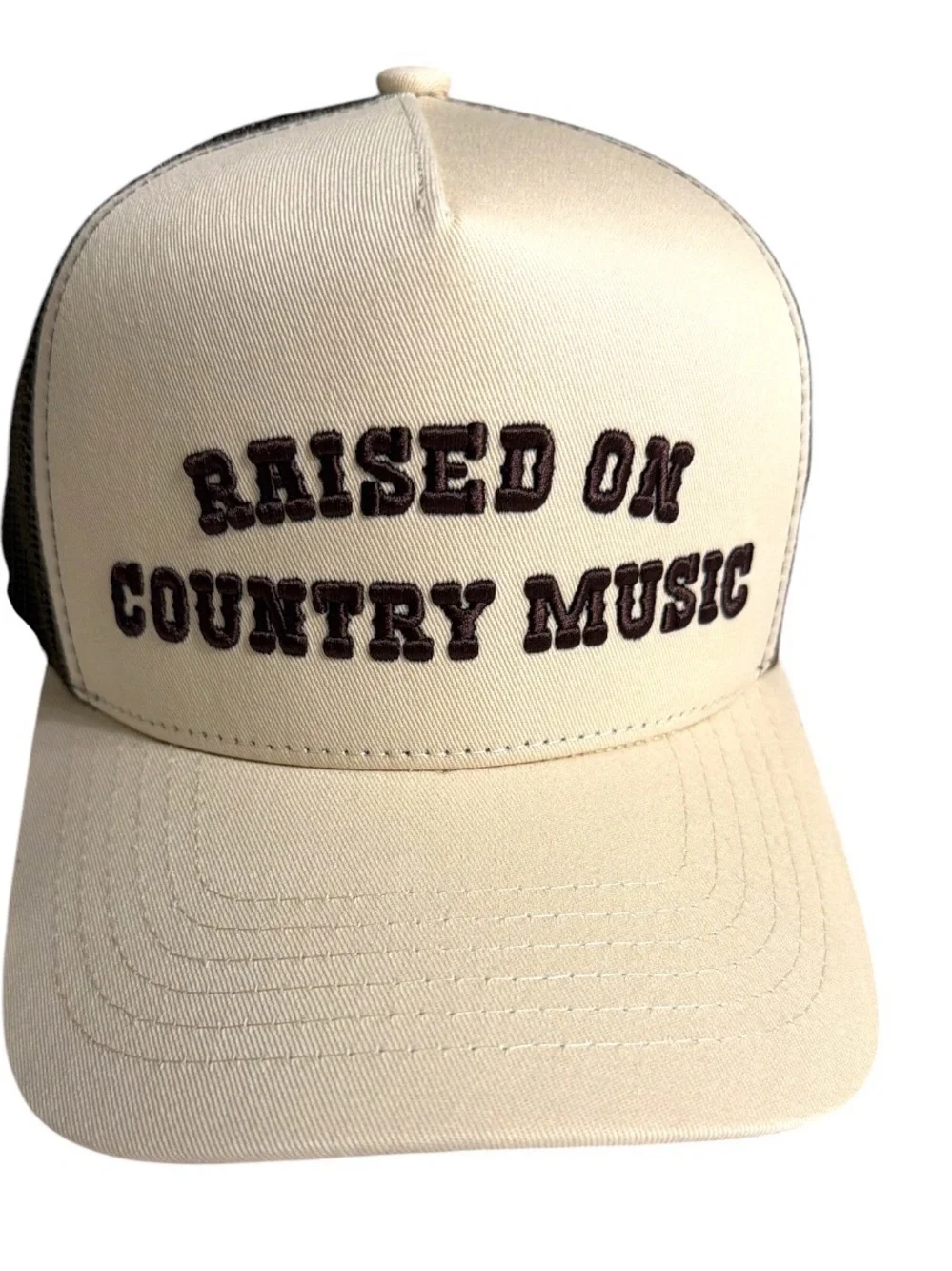 NWOT C.C. Raised On Country Music Beige Trucker Cap